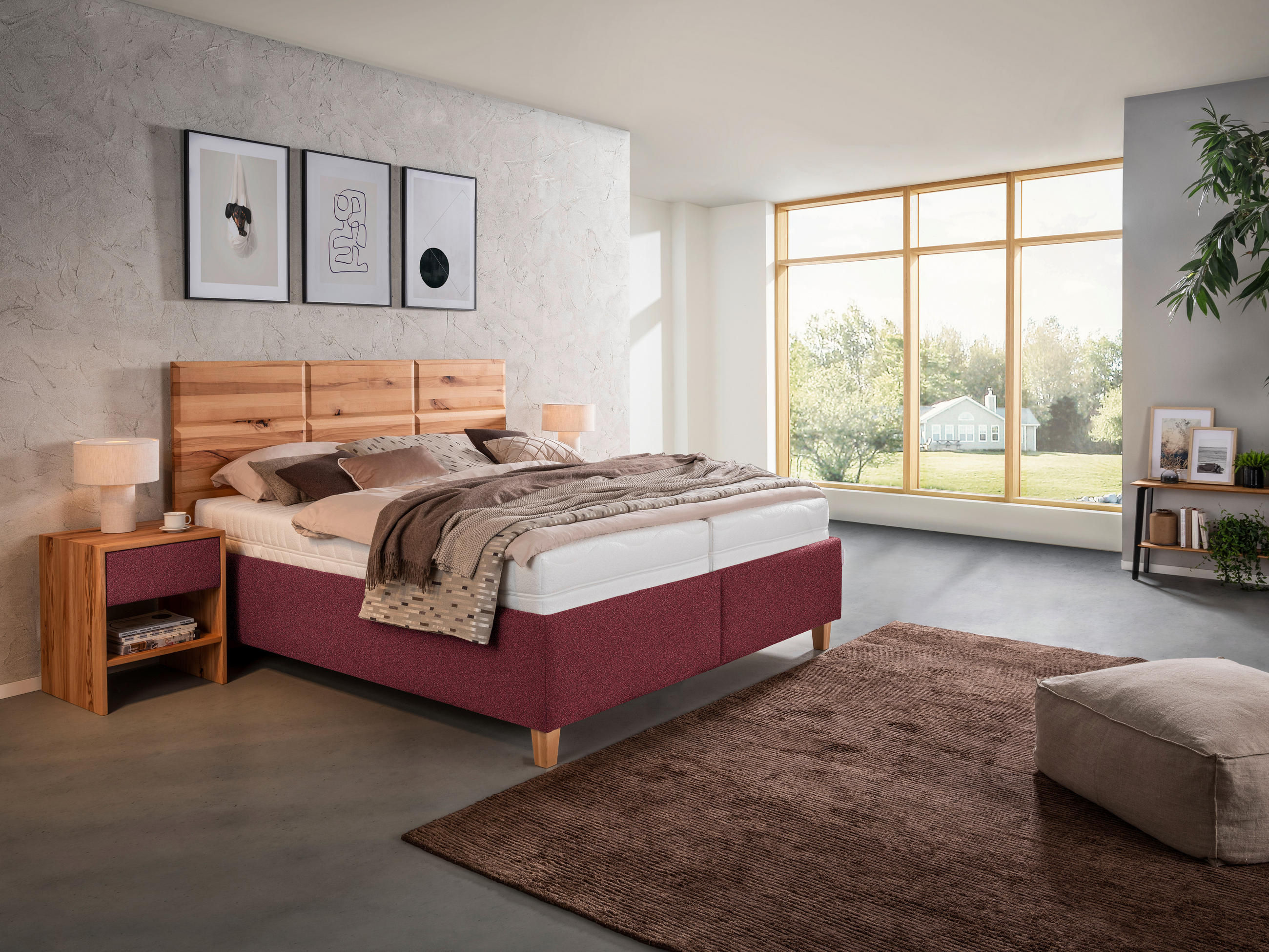 POLSTERBETT Matratze, Lattenrost, Bettkasten Buchefarben, Weinrot 180/200 cm  - Buchefarben/Weinrot, Design, Holz/Textil (180/200cm) - Valnatura