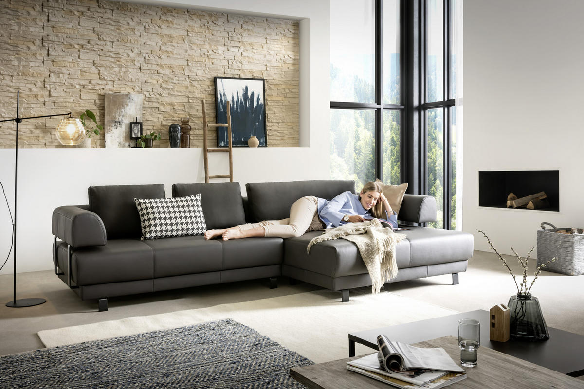 ECKSOFA in Echtleder Schieferfarben  - Schieferfarben/Schwarz, Design, Leder/Metall (307/188cm)