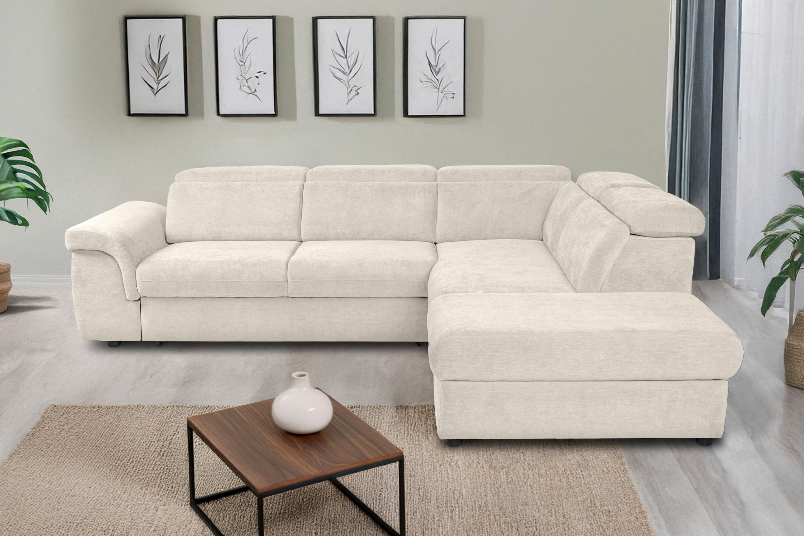ECKSOFA Creme Flachgewebe  - Creme/Schwarz, KONVENTIONELL, Kunststoff/Textil (280/235cm) - Carryhome