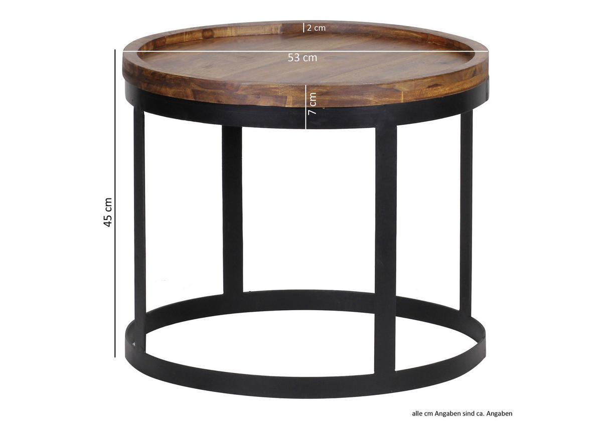 BEISTELLTISCHSET 53/53/45 cm Sheesham massiv Sheeshamfarben rund  - Sheeshamfarben/Schwarz, Design, Holz/Metall (53/53/45cm) - MID.YOU