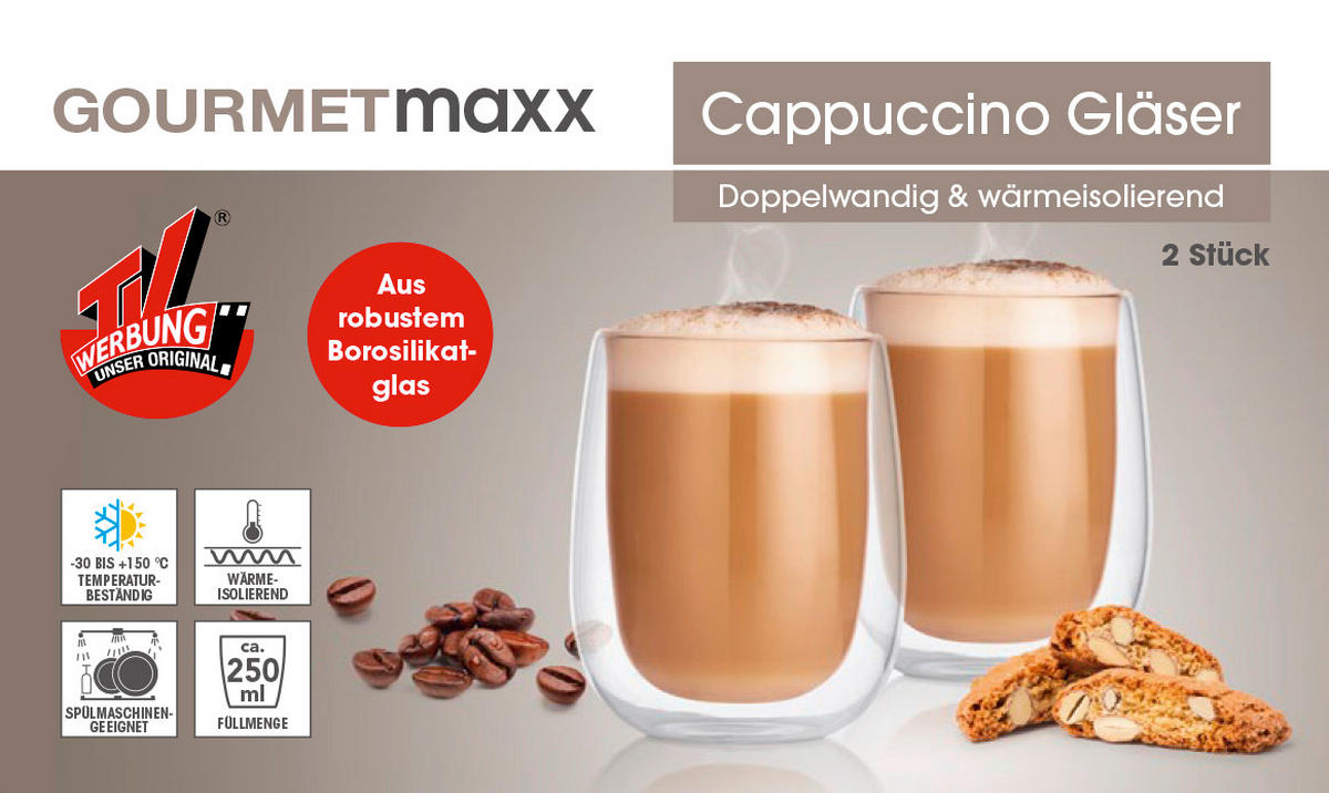 Cappuccinothermogläser 2er set  2-teilig  - Transparent, Basics, Glas (7,5/4,5/9cm) - GOURMETMAXX