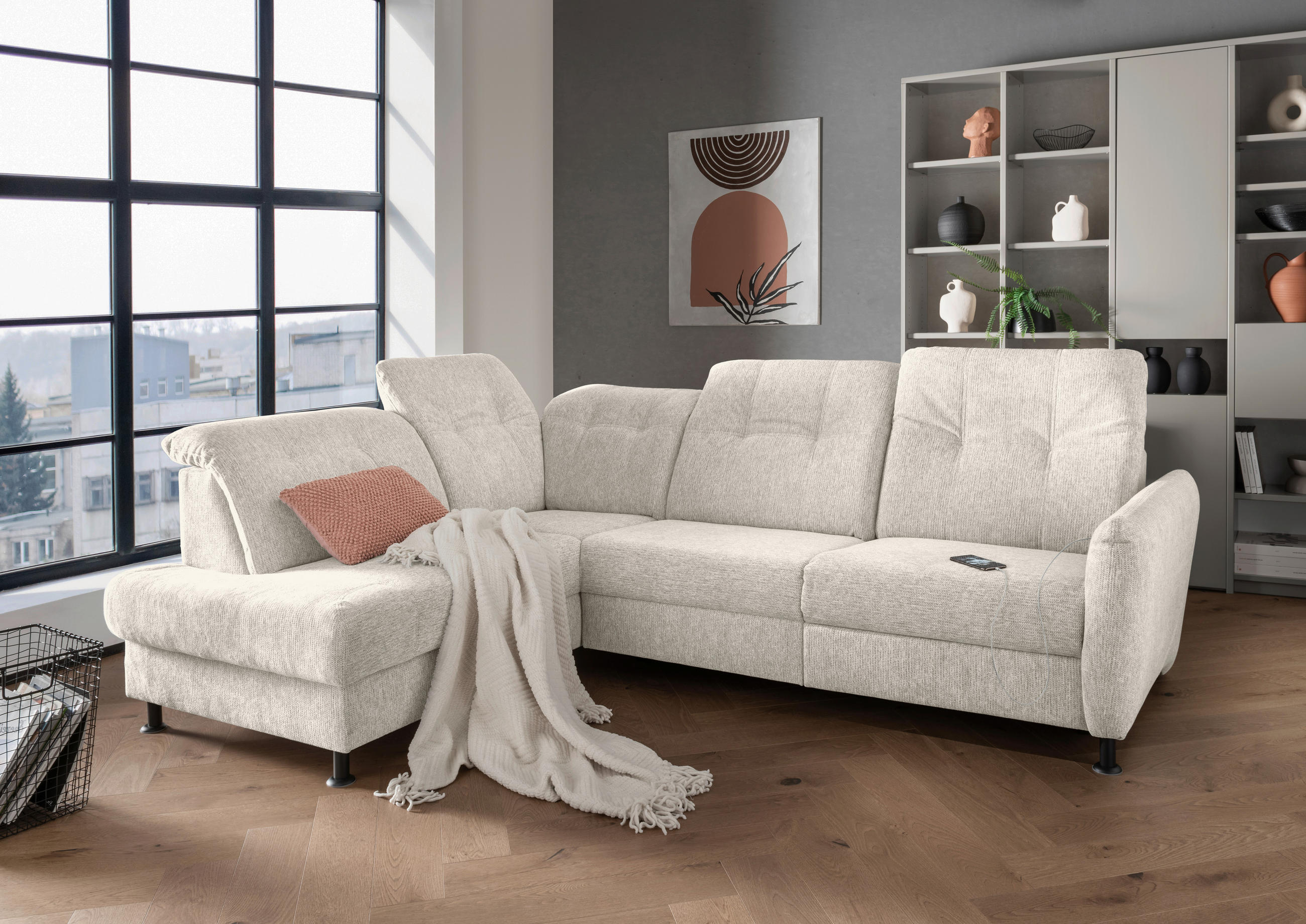 ECKSOFA in Chenille Beige  - Beige/Schwarz, Modern, Textil/Metall (198/270cm) - Livetastic