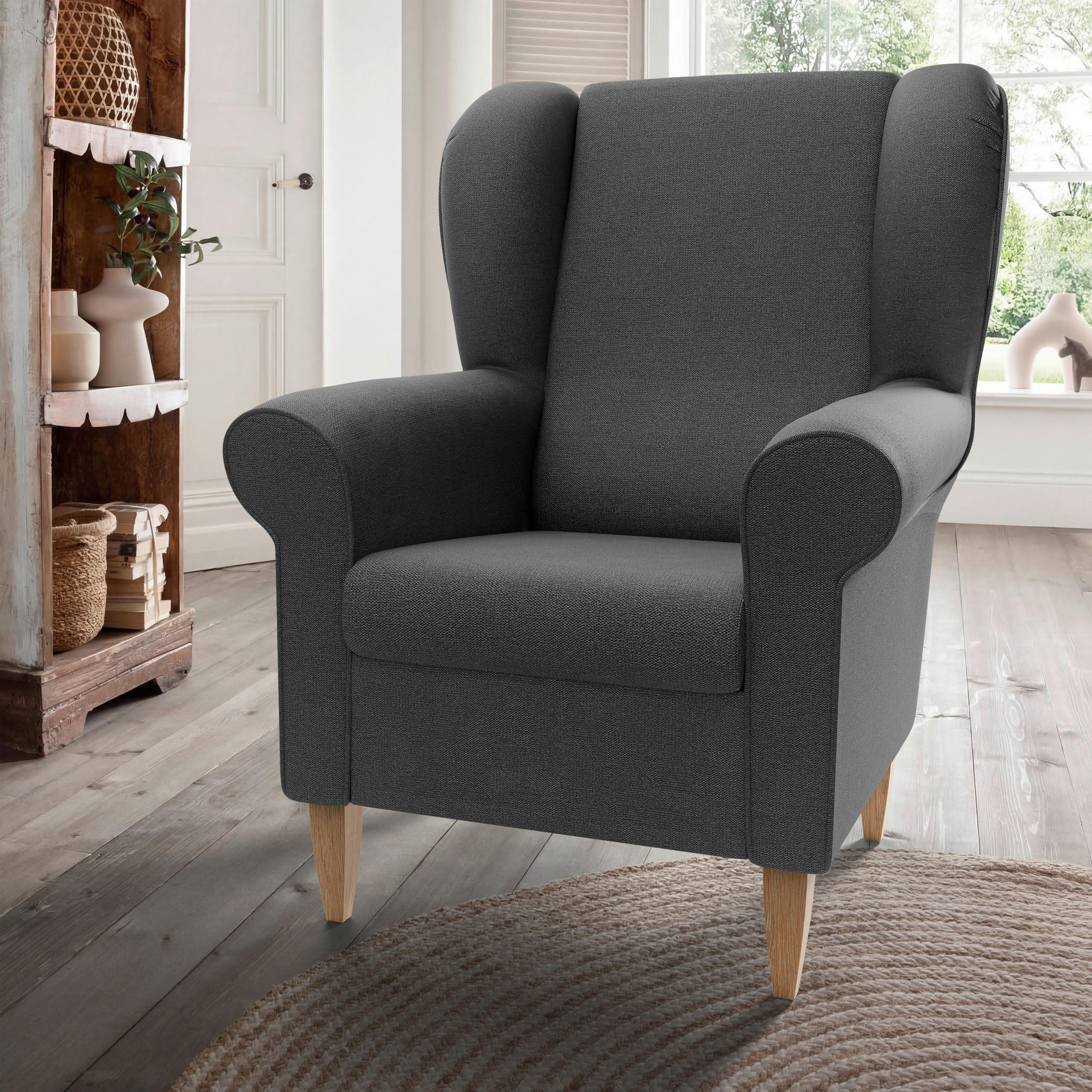 OHRENSESSEL Struktur Anthrazit  - Anthrazit/Naturfarben, Konventionell, Holz/Textil (80/102/86cm) - Livetastic