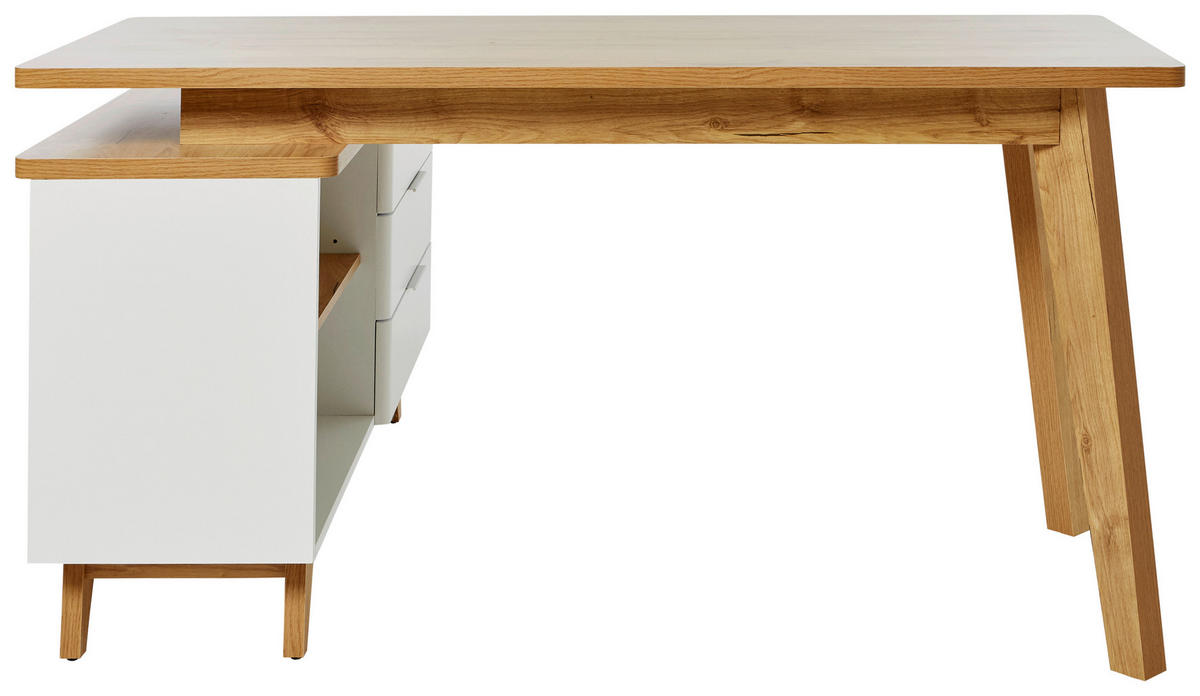 ECKSCHREIBTISCH 140/118/76 cm  in Weiß, Eichefarben  - Eichefarben/Alufarben, KONVENTIONELL, Holzwerkstoff/Metall (140/118/76cm) - Livetastic
