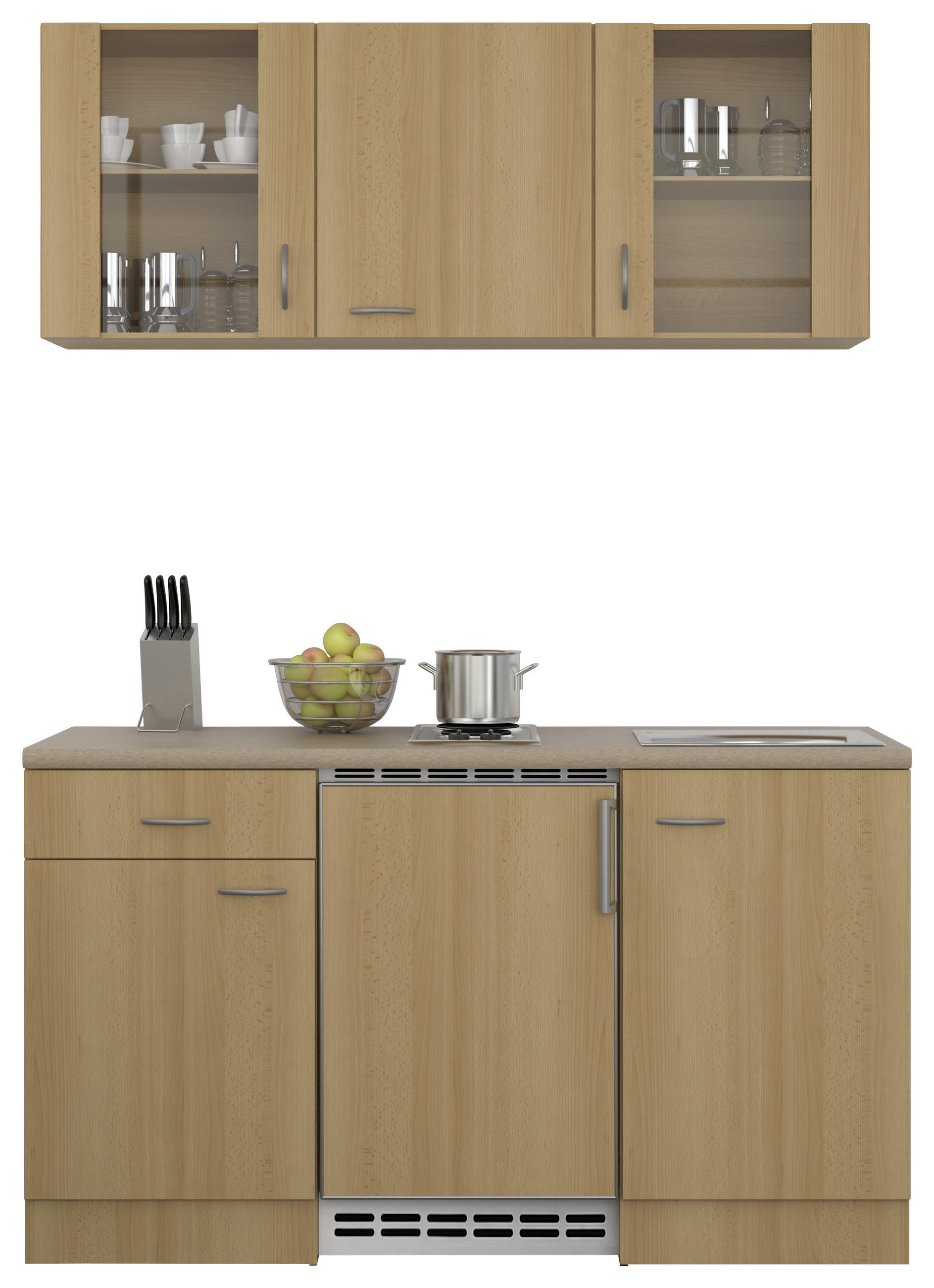 MINIKÜCHE 150 cm in Creme, Buchefarben - Edelstahlfarben/Buchefarben, MODERN, Glas (150cm) - MID.YOU