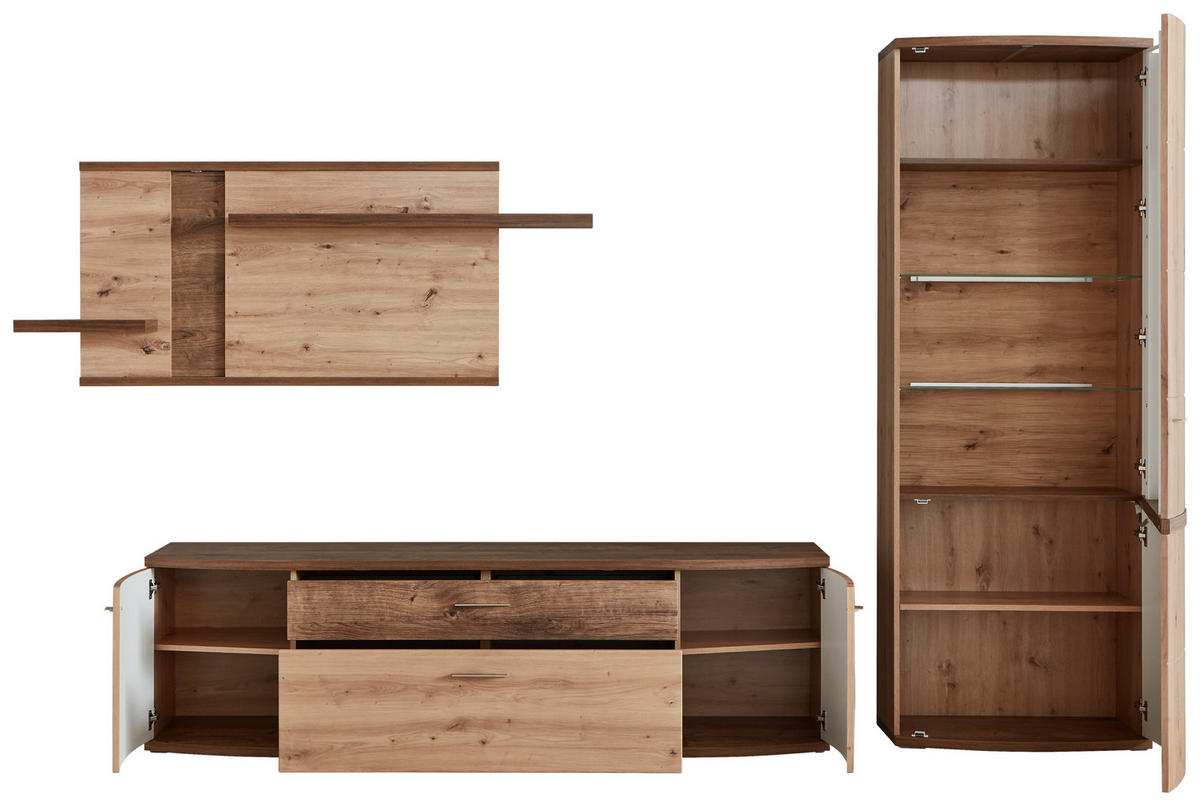 WOHNWAND  in Eichefarben, Eiche Artisan 313/208,6/50 cm  - Eichefarben/Alufarben, Design, Glas/Holzwerkstoff (313/208,6/50cm) - Xora