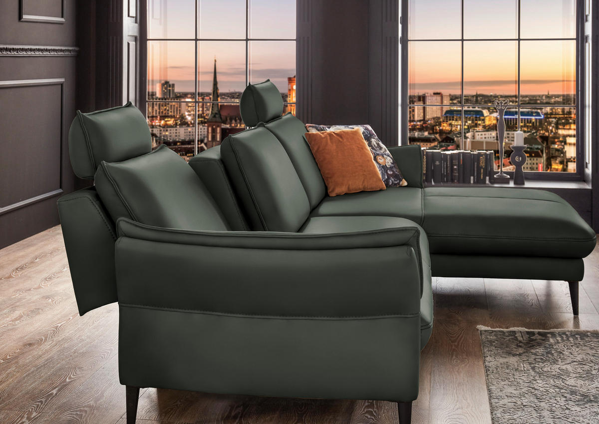 ECKSOFA in Echtleder Olivgrün  - Schwarz/Olivgrün, Design, Leder/Metall (334/172cm) - Hukla