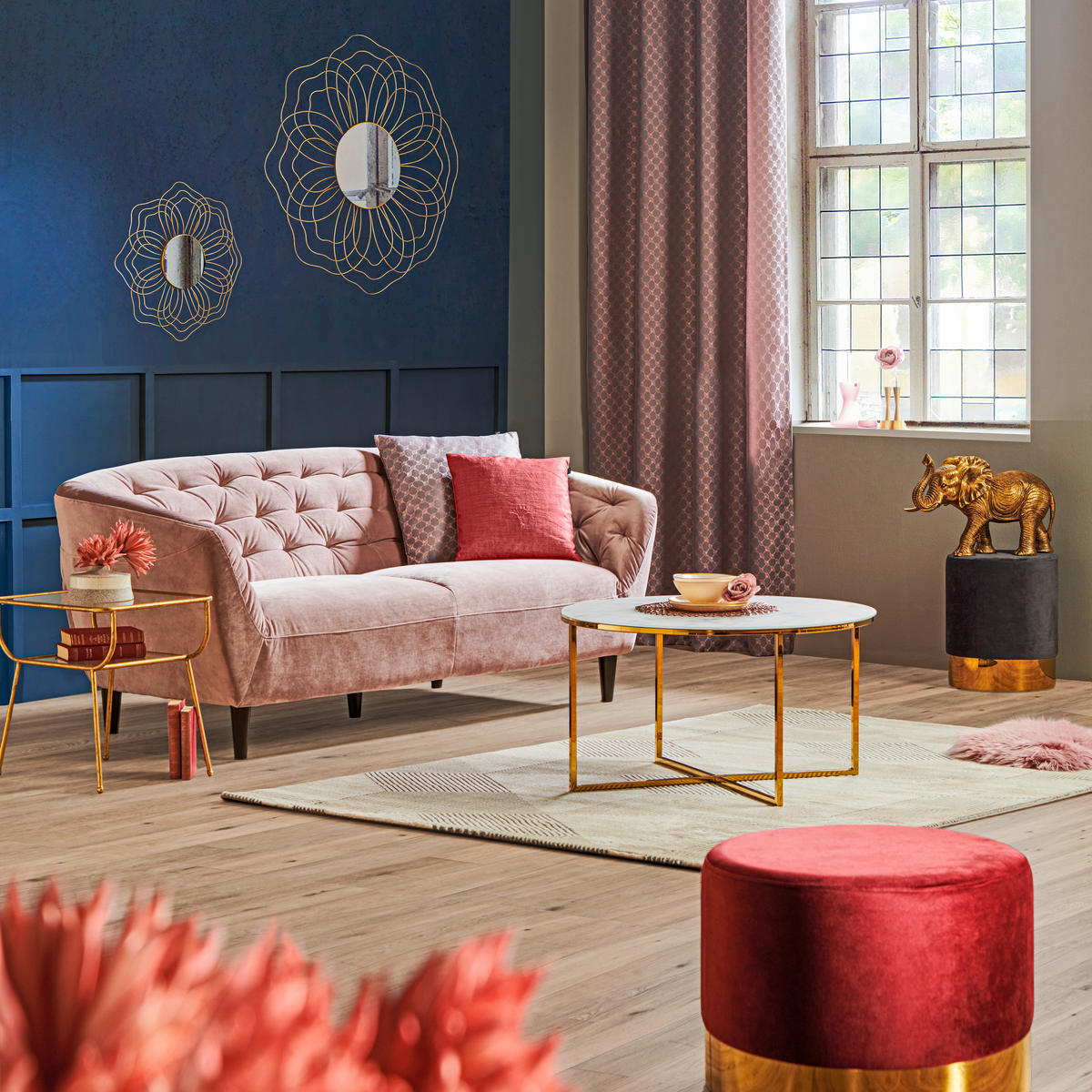 CHESTERFIELD-SOFA in Samt Rosa  - Schwarz/Rosa, Trend, Holz/Textil (191/78/84cm) - Ambia Home
