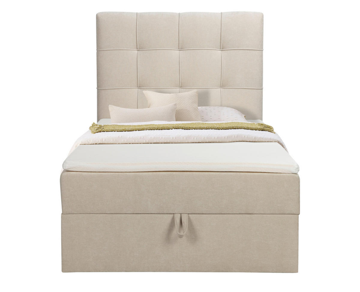 BOXBETT 100/200 cm,  in Beige, Matratze, gepolstertes Kopfteil, Bettkasten, Topper, H3 = fest  - Beige/Schwarz, Basics, Kunststoff/Textil (100/200cm) - Chameo
