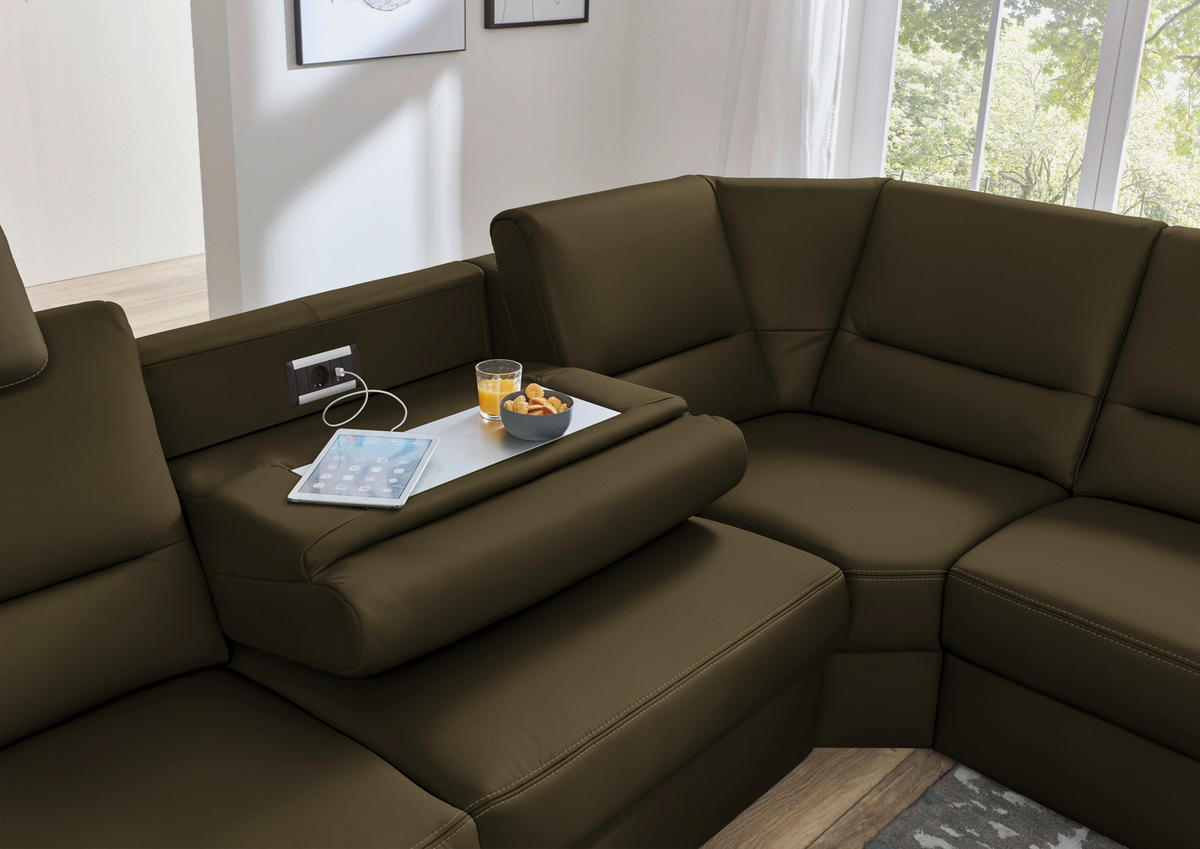 ECKSOFA in Echtleder Grün  - Beige/Alufarben, Design, Leder/Metall (288/249cm) - Beldomo Premium