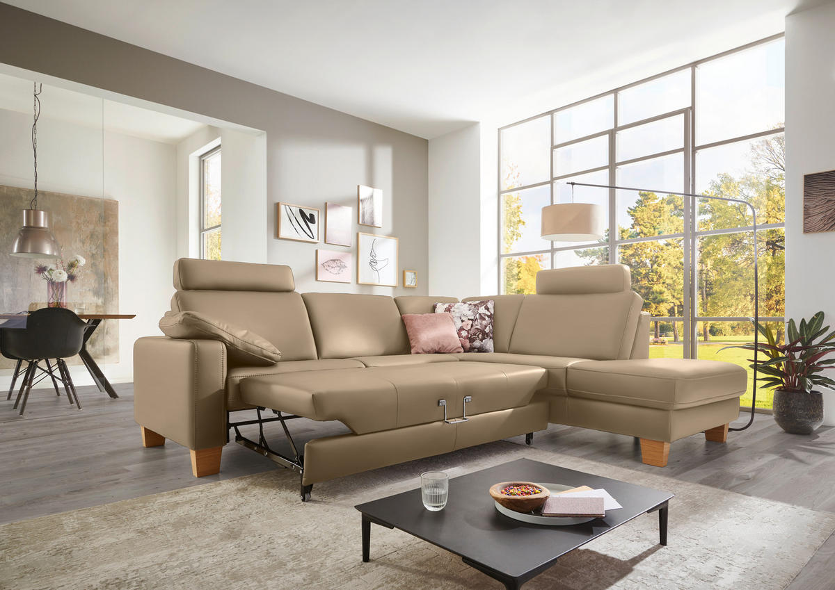 ECKSOFA in Echtleder Greige  257/235 cm  - Eiche Bianco/Greige, KONVENTIONELL, Leder/Holz (257/235cm) - Valdera