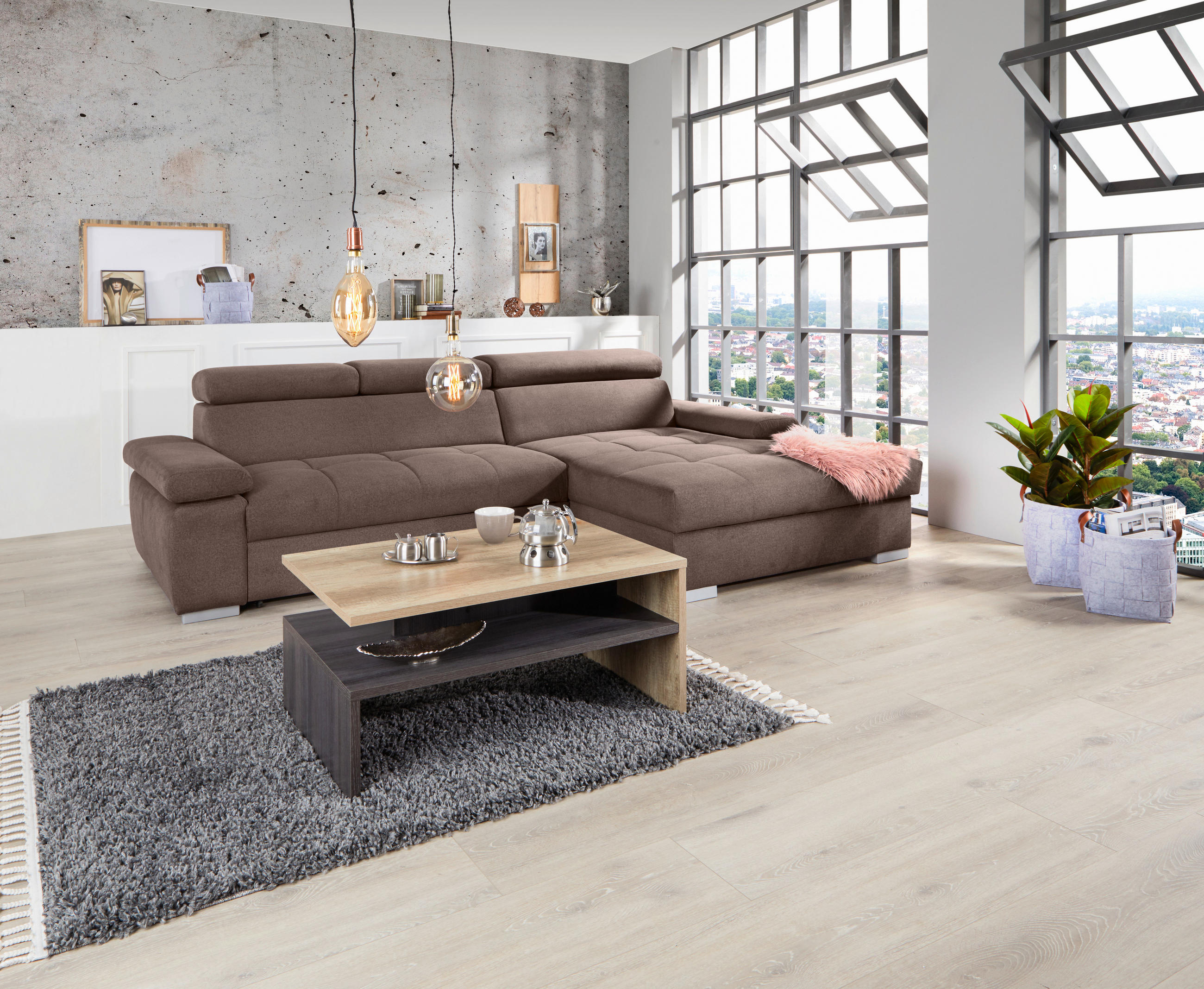 ECKSOFA in Velours Braun  - Silberfarben/Braun, Design, Holz/Textil (292/183cm) - Livetastic