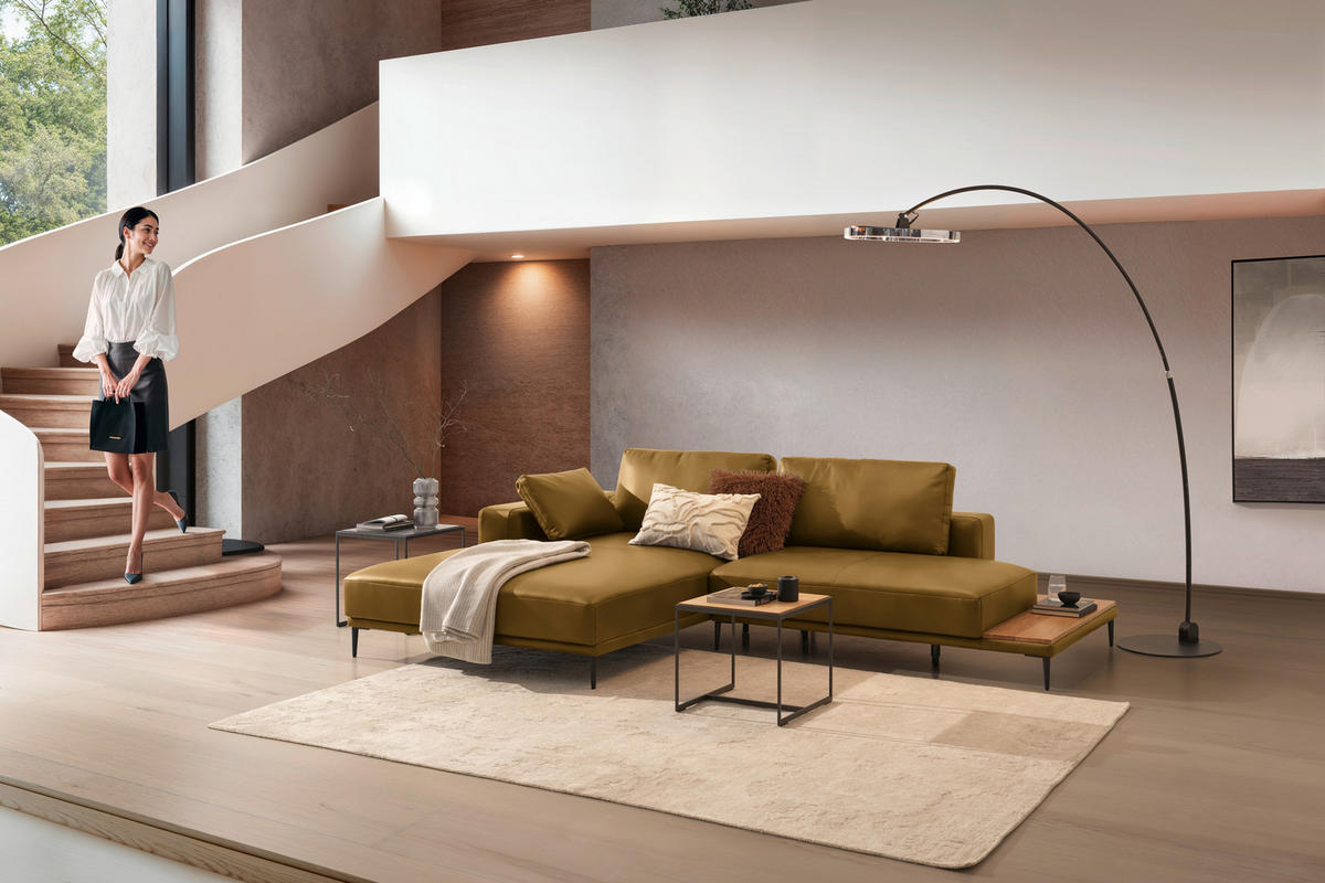 ECKSOFA Echtleder Senfgelb  - Senfgelb/Schwarz, Design, Leder/Metall (201/304cm) - Belluti