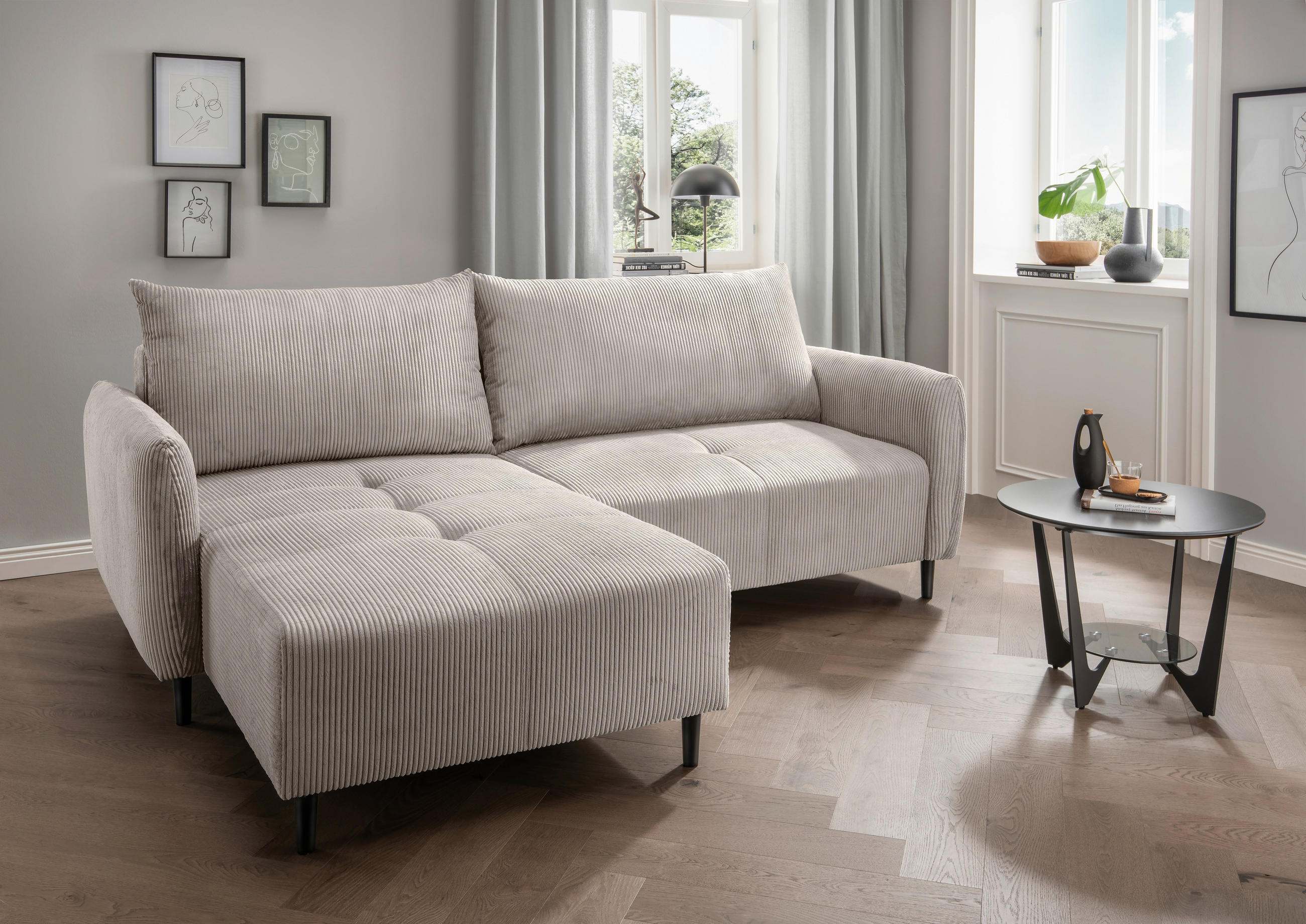 ECKSOFA in Cord Beige - Beige/Schwarz, Basics, Holz/Textil (238/174cm) - Livetastic