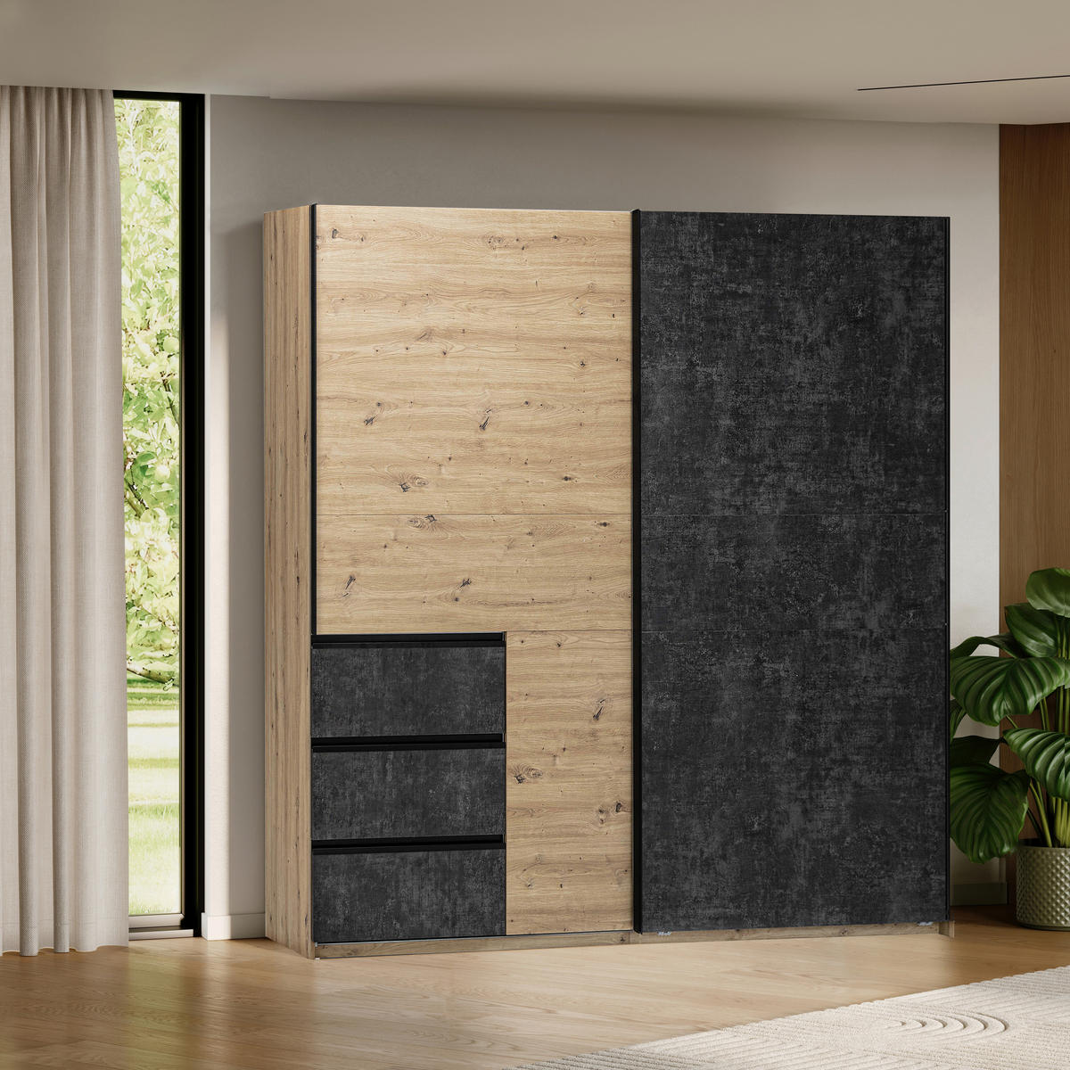 SCHIEBETÜRENSCHRANK 215/205/61,5 cm  - Taupe/Schwarz, MODERN, Holzwerkstoff/Metall (215/205/61,5cm) - MID.YOU