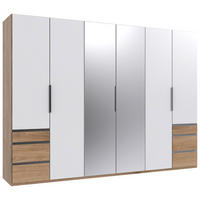 DREHTÜRENSCHRANK 300/216/58 cm 6-türig Weiß, Eichefarben  - Chromfarben/Eichefarben, MODERN, Glas/Holzwerkstoff (300/216/58cm) - MID.YOU