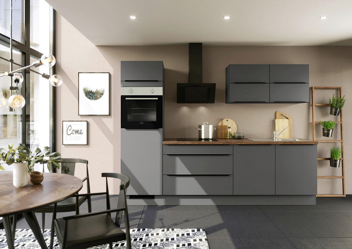KÜCHENBLOCK 280 cm   in Graphitfarben  - Eichefarben/Schwarz, Trend, Holzwerkstoff/Metall (280cm) - Impuls
