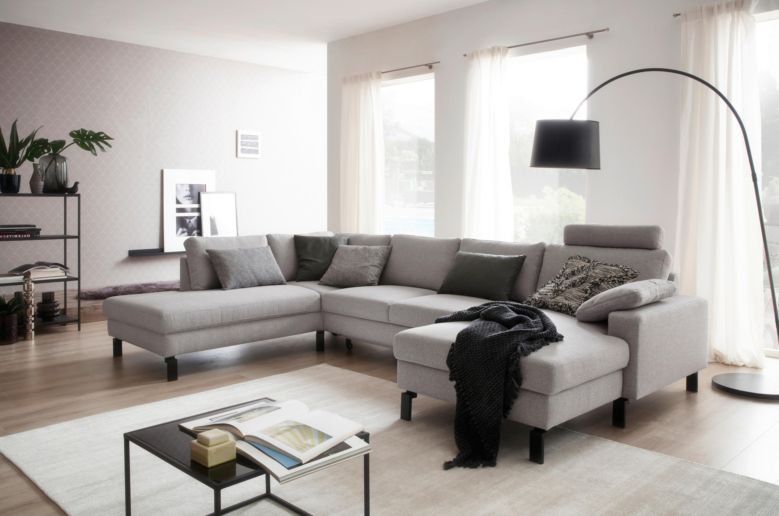 WOHNLANDSCHAFT Hellgrau Flachgewebe  - Hellgrau/Schwarz, Design, Textil/Metall (220/336/162cm) - Hom`in
