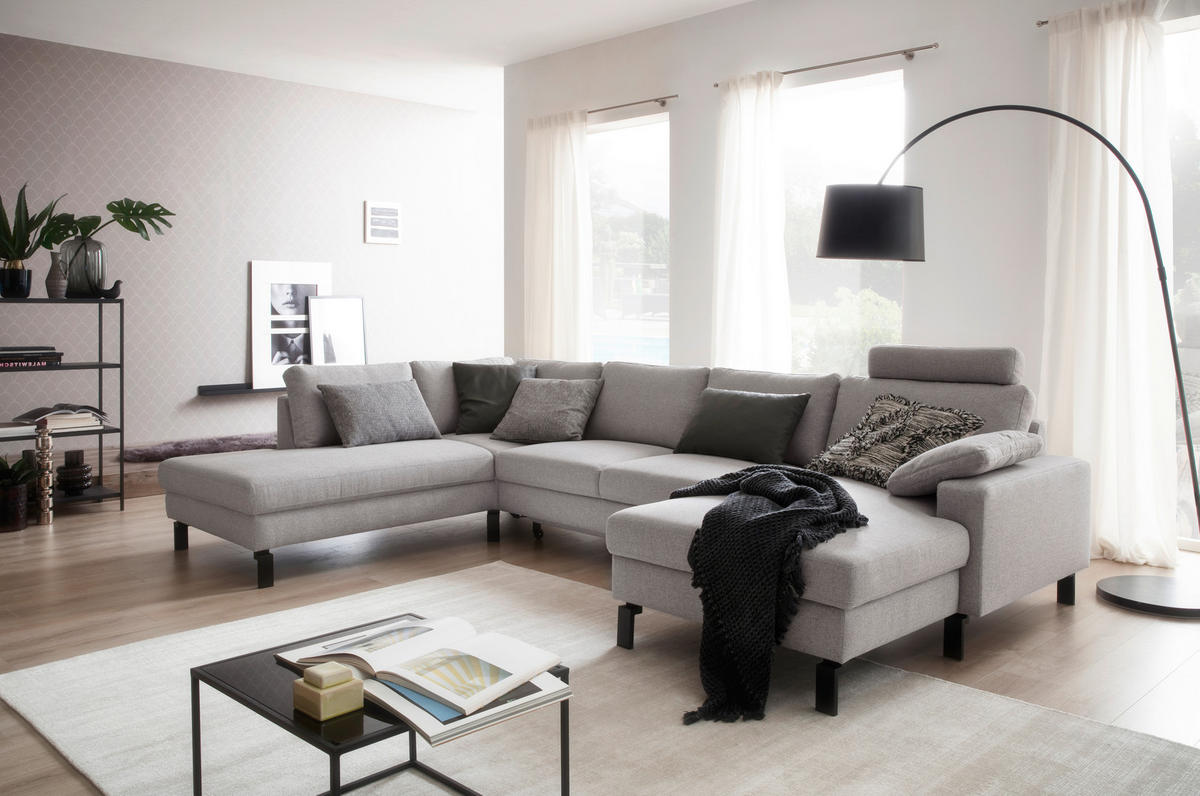 WOHNLANDSCHAFT in Flachgewebe Hellgrau  - Hellgrau/Schwarz, Design, Textil/Metall (220/336/162cm) - Hom`in