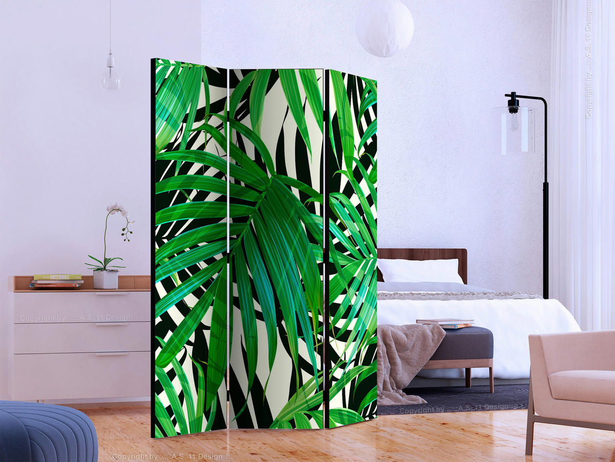 PARAVENT mit 3  Flügel - Weiß/Grün, Basics, Holz/Textil (135/172/3cm) - artgeist
