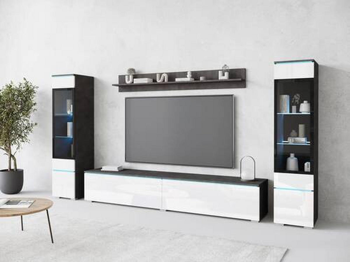 WOHNWAND 4-teilig  in Anthrazit, Weiß Hochglanz  240/130/33 cm  - Weiß Hochglanz/Anthrazit, Design, Glas/Holzwerkstoff (240/130/33cm) - Livetastic