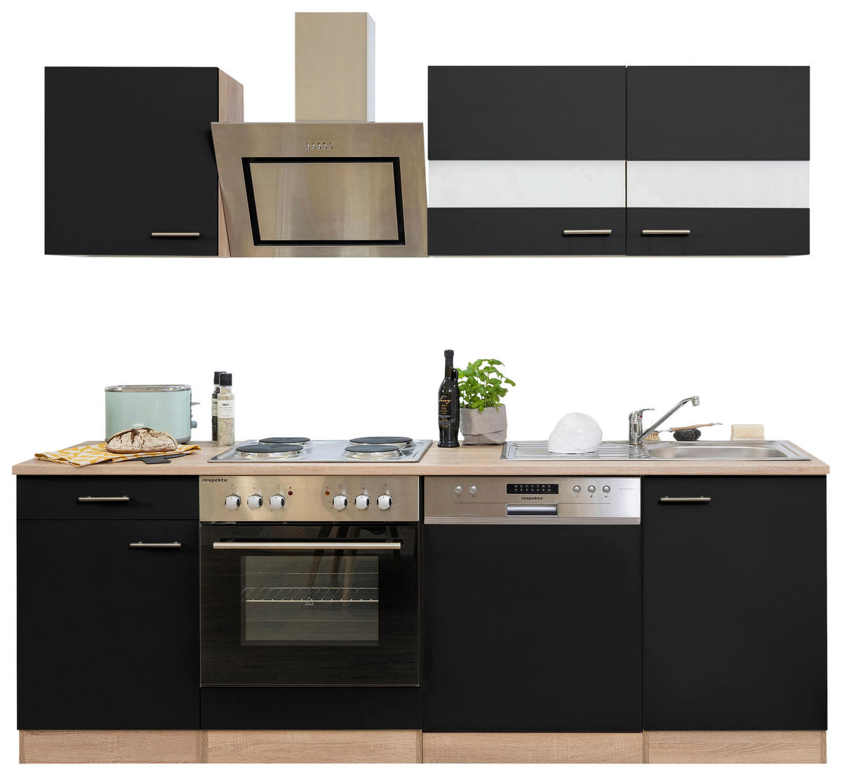 KÜCHENBLOCK 220 cm   in Schwarz  - Edelstahlfarben/Eichefarben, Basics, Holzwerkstoff/Metall (220cm) - Respekta