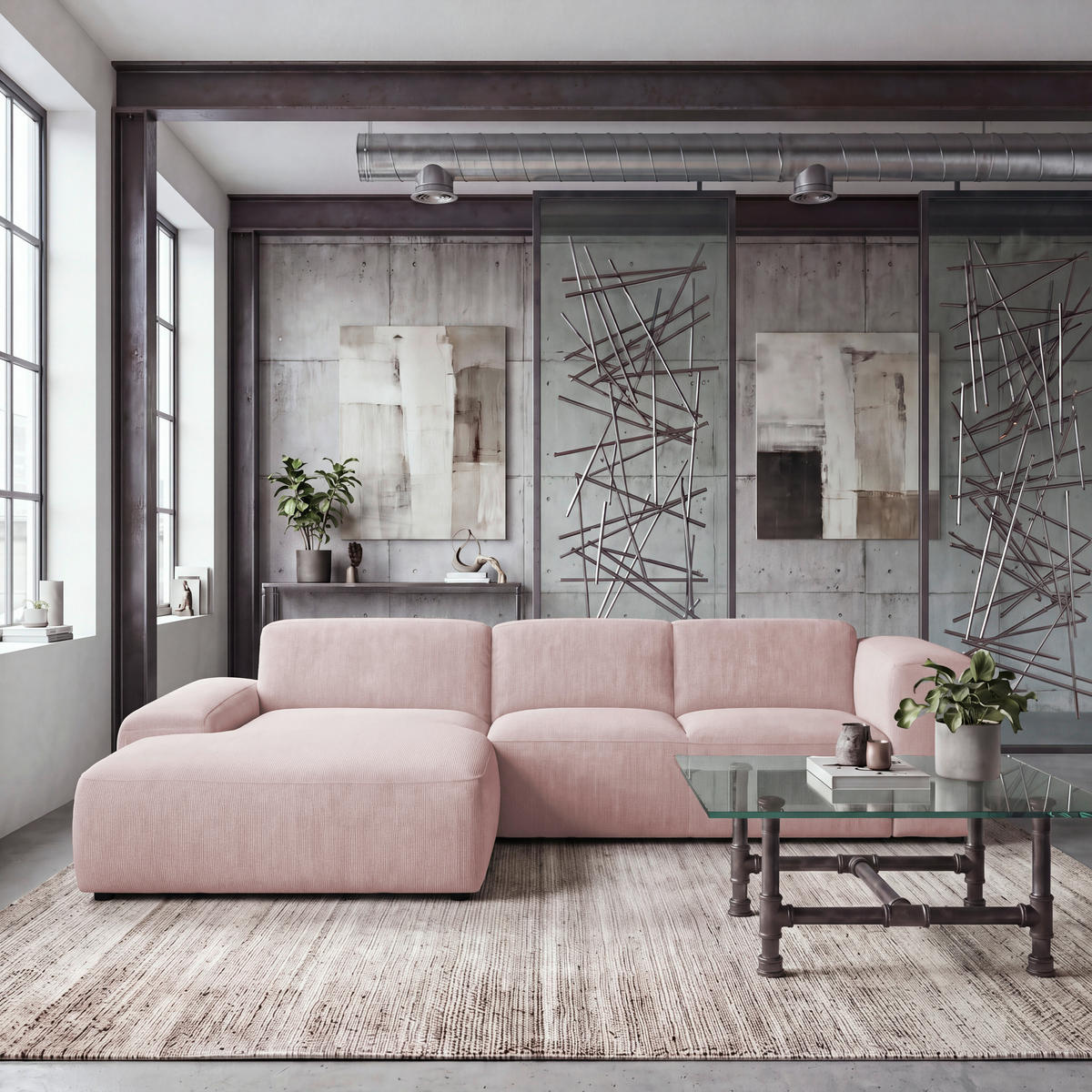 ECKSOFA HANNAH Rosa Cord  - Schwarz/Rosa, Design, Kunststoff/Textil (200/304cm) - MID.YOU
