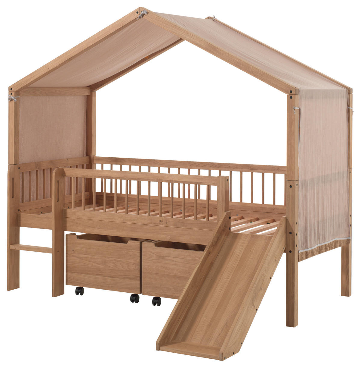 HAUSBETT Absturzsicherung, Leiter, Rutsche, Rollrost, Bettschublade 90/200 cm  in Eichefarben  - Eichefarben/Naturfarben, MODERN, Holz (90/200cm) - MID.YOU