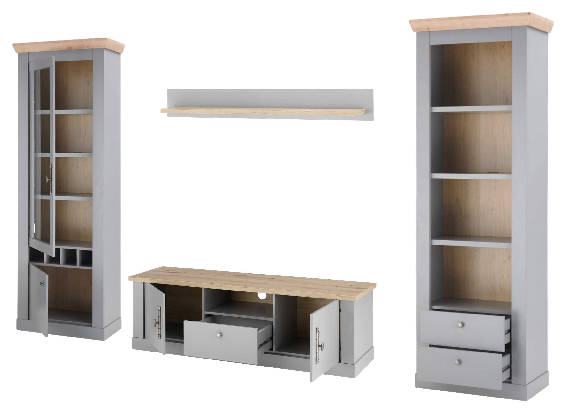 WOHNWAND 4-teilig in Eichefarben, Hellgrau 317/201/44 cm - Eichefarben/Silberfarben, Design, Holzwerkstoff/Metall (317/201/44cm) - MID.YOU