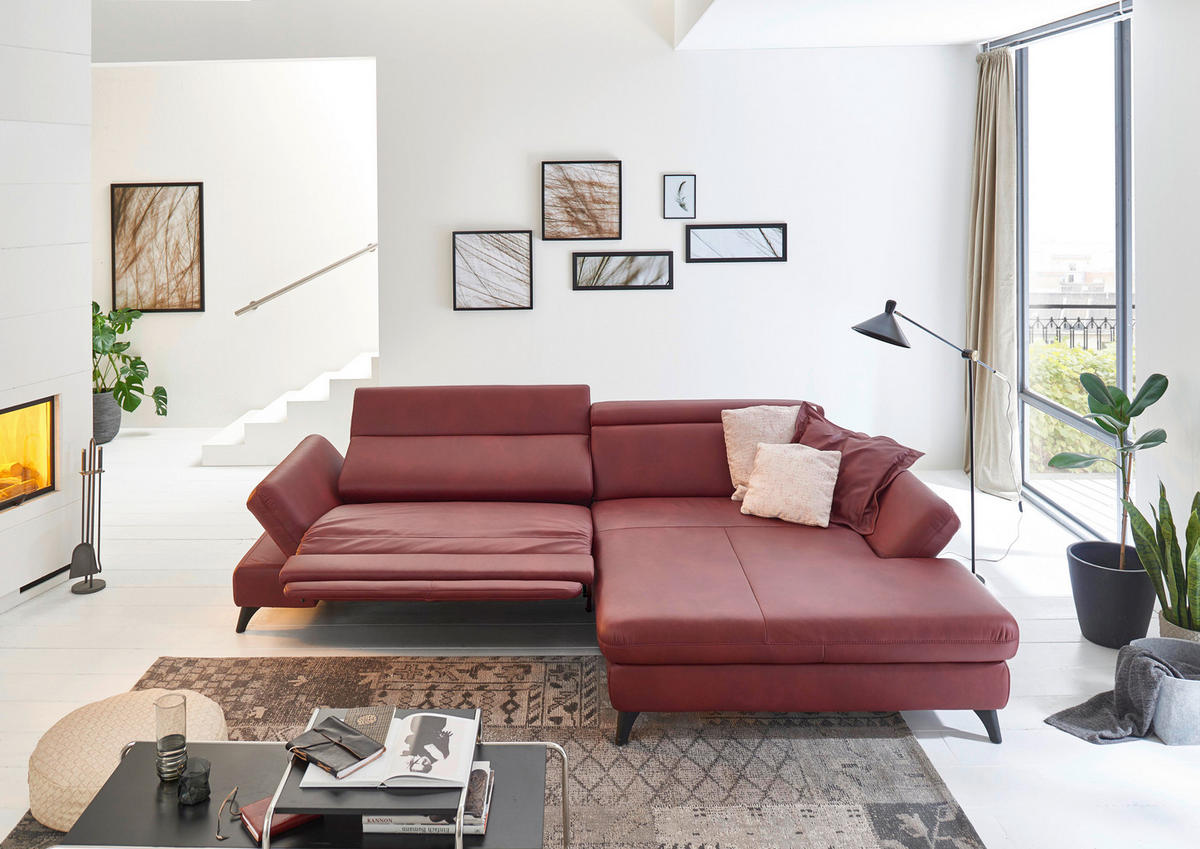 ECKSOFA Bordeaux Echtleder  - Bordeaux/Schwarz, Design, Leder/Metall (316/184cm) - Cantus