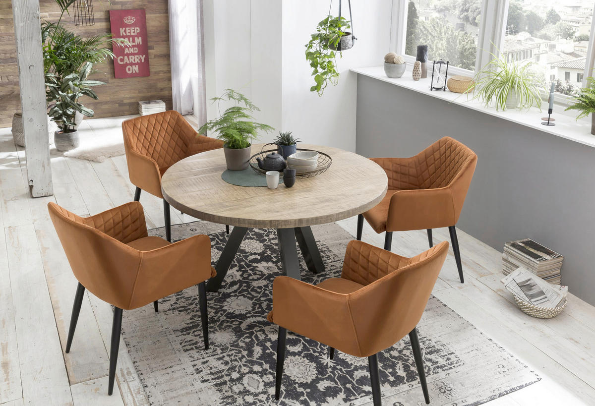 ESSTISCH 120/120/76 cm Echtholz  Holz, Metall rund Grau, Naturfarben  - Naturfarben/Grau, MODERN, Holz/Metall (120/120/76cm) - MID.YOU