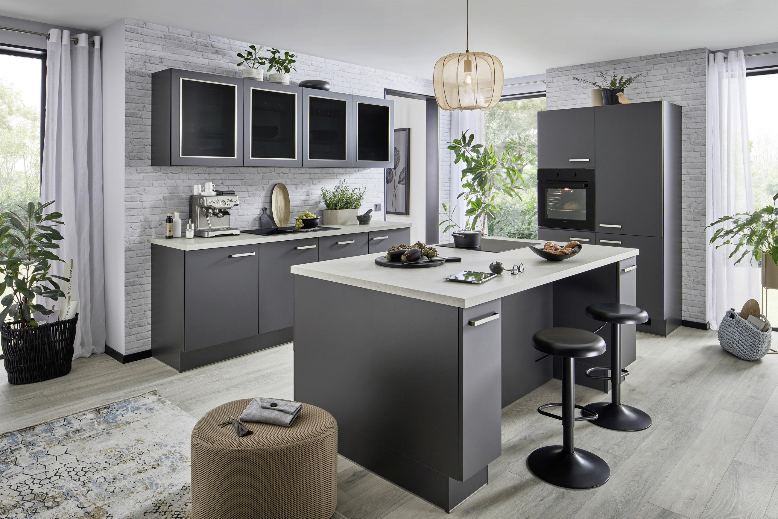 ECKKÜCHE 240/120 cm  in Graphitfarben  - Sandfarben/Edelstahlfarben, KONVENTIONELL, Glas/Holzwerkstoff (240/120cm) - Venda