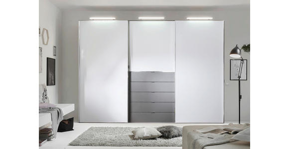SCHWEBETÜRENSCHRANK in Grau, Weiß - Chromfarben/Weiß, Design, Glas/Holzwerkstoff (298/240/68cm) - Moderano