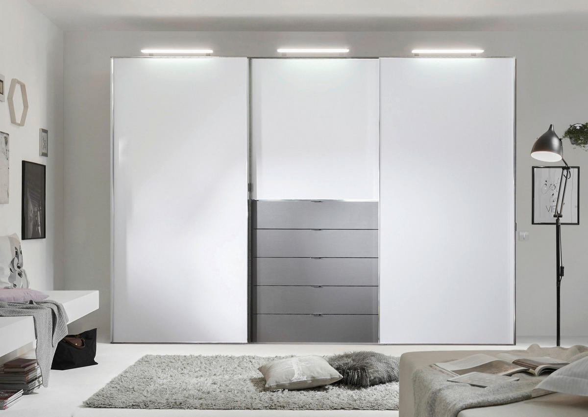  SCHWEBETÜRENSCHRANK 298/240/68 cm 3-türig  - Chromfarben/Weiss, Design, Glas/Holzwerkstoff (298/240/68cm) - Moderano