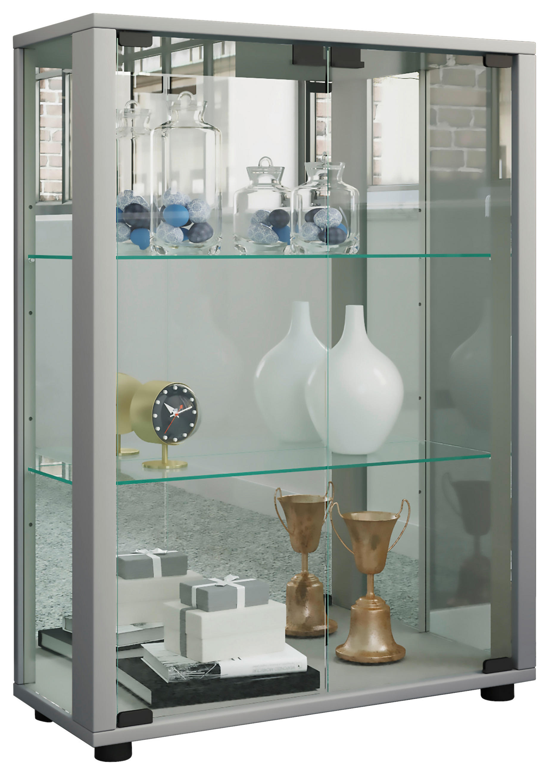 VITRINE in Silberfarben  - Silberfarben/Schwarz, MODERN, Glas/Holzwerkstoff (60/80/25cm) - MID.YOU