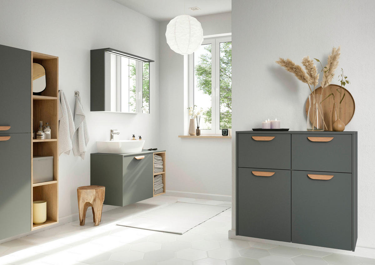 BADEZIMMER 3-teilig  in 81 cm  - Edelstahlfarben/Weiß Hochglanz, MODERN, Holzwerkstoff/Stein (81cm) - Nobilia