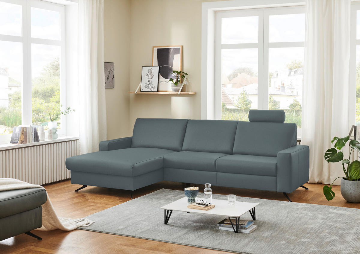 ECKSOFA in Echtleder Blaugrau  165/267 cm  - Blaugrau/Schwarz, Design, Leder/Metall (165/267cm) - Beldomo Premium