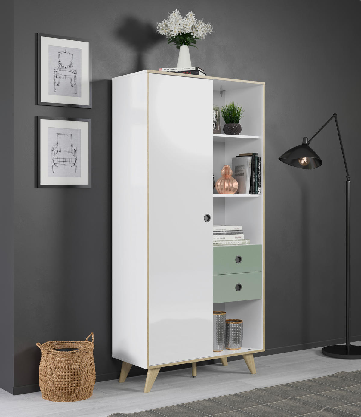 SCHRANK Grün, Eichefarben, Weiß Hochglanz  90/188/40 cm  - Eichefarben/Weiß Hochglanz, MODERN, Holzwerkstoff/Kunststoff (90/188/40cm) - Boxxx