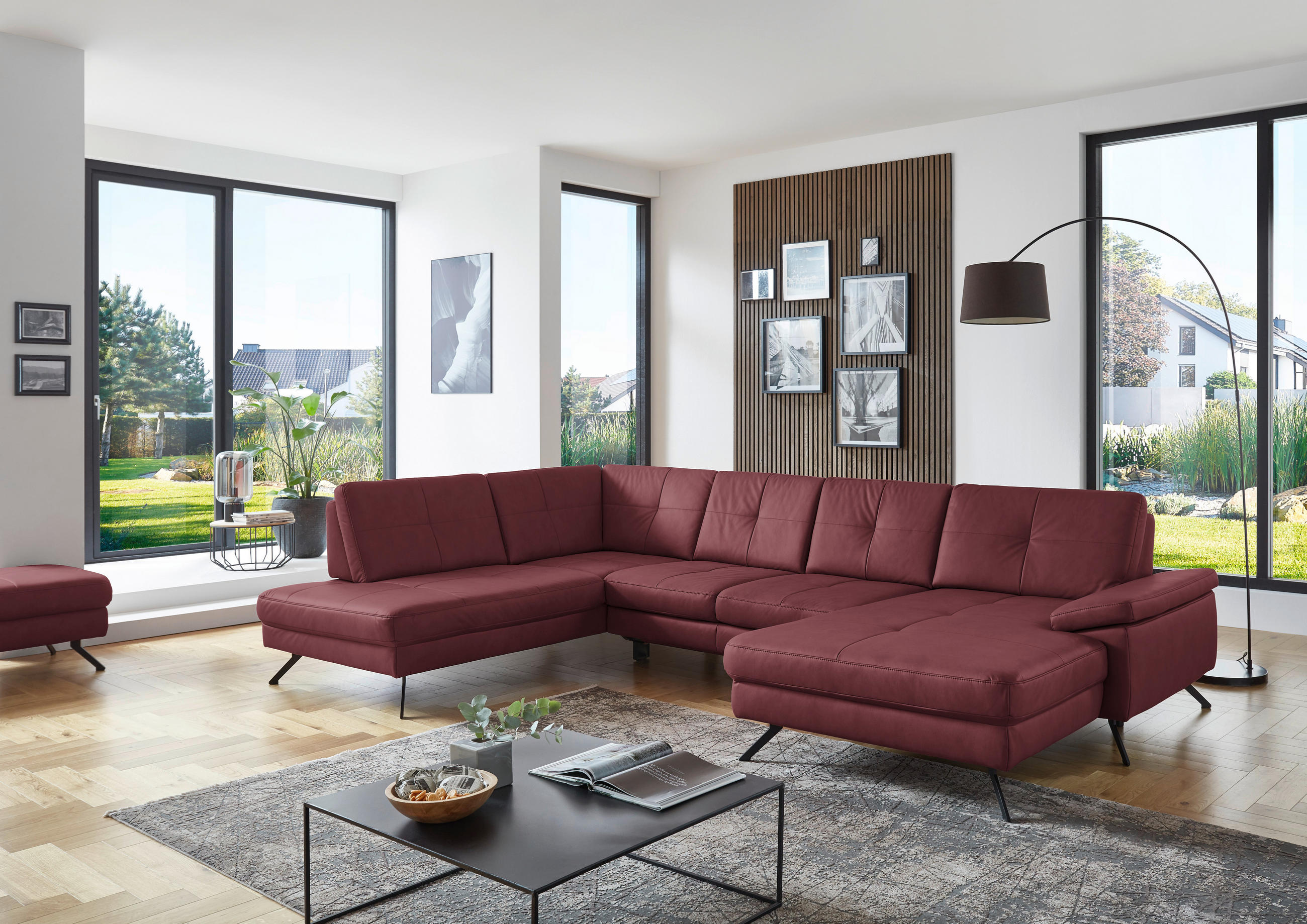 WOHNLANDSCHAFT in Lederlook, Mikrofaser Bordeaux  - Bordeaux/Schwarz, Design, Textil/Metall (220/345/179cm) - Beldomo System
