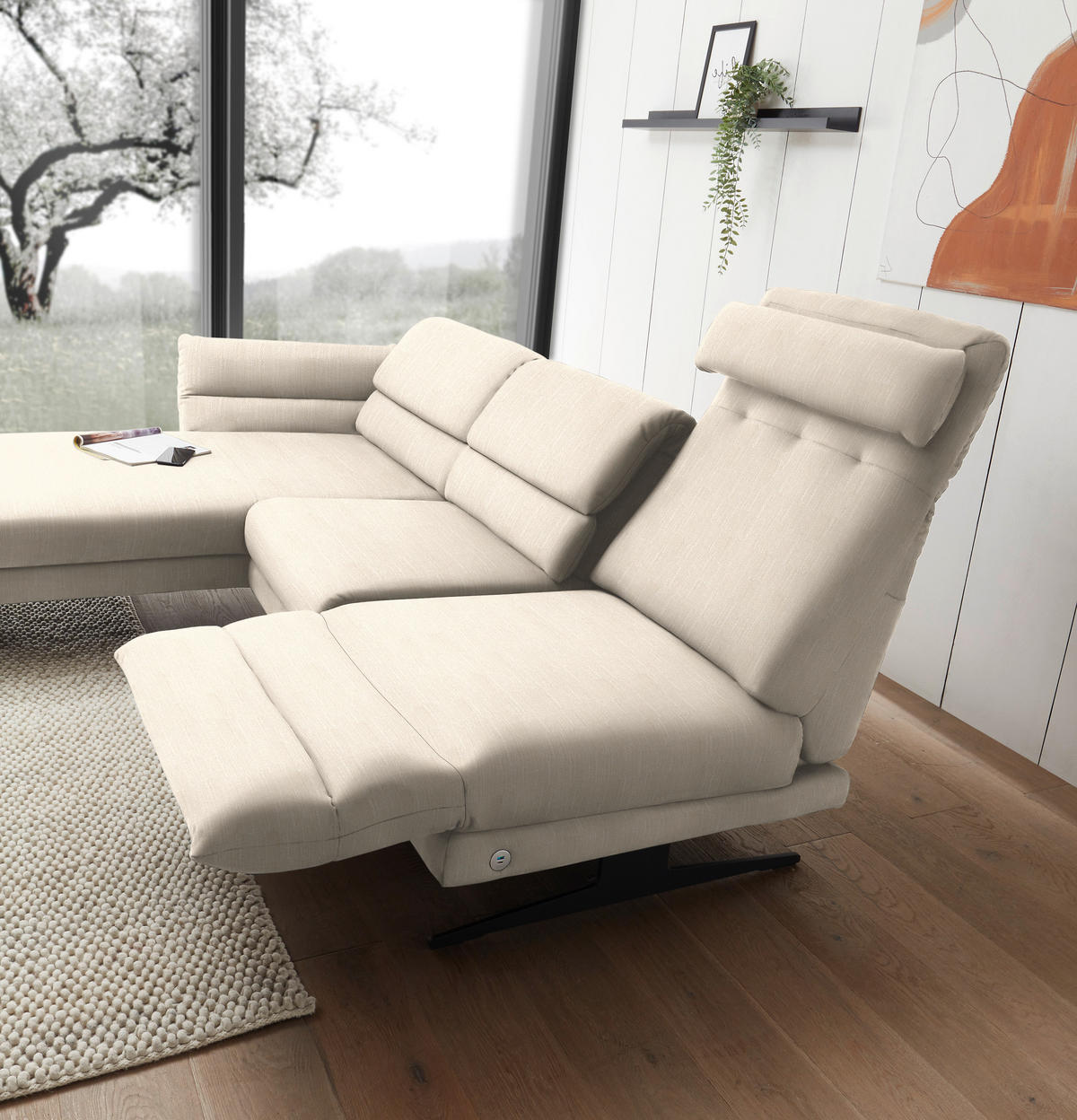 ECKSOFA in Flachgewebe Magnolie  - Magnolie/Schwarz, Design, Textil/Metall (176-217/279-327cm) - Dieter Knoll