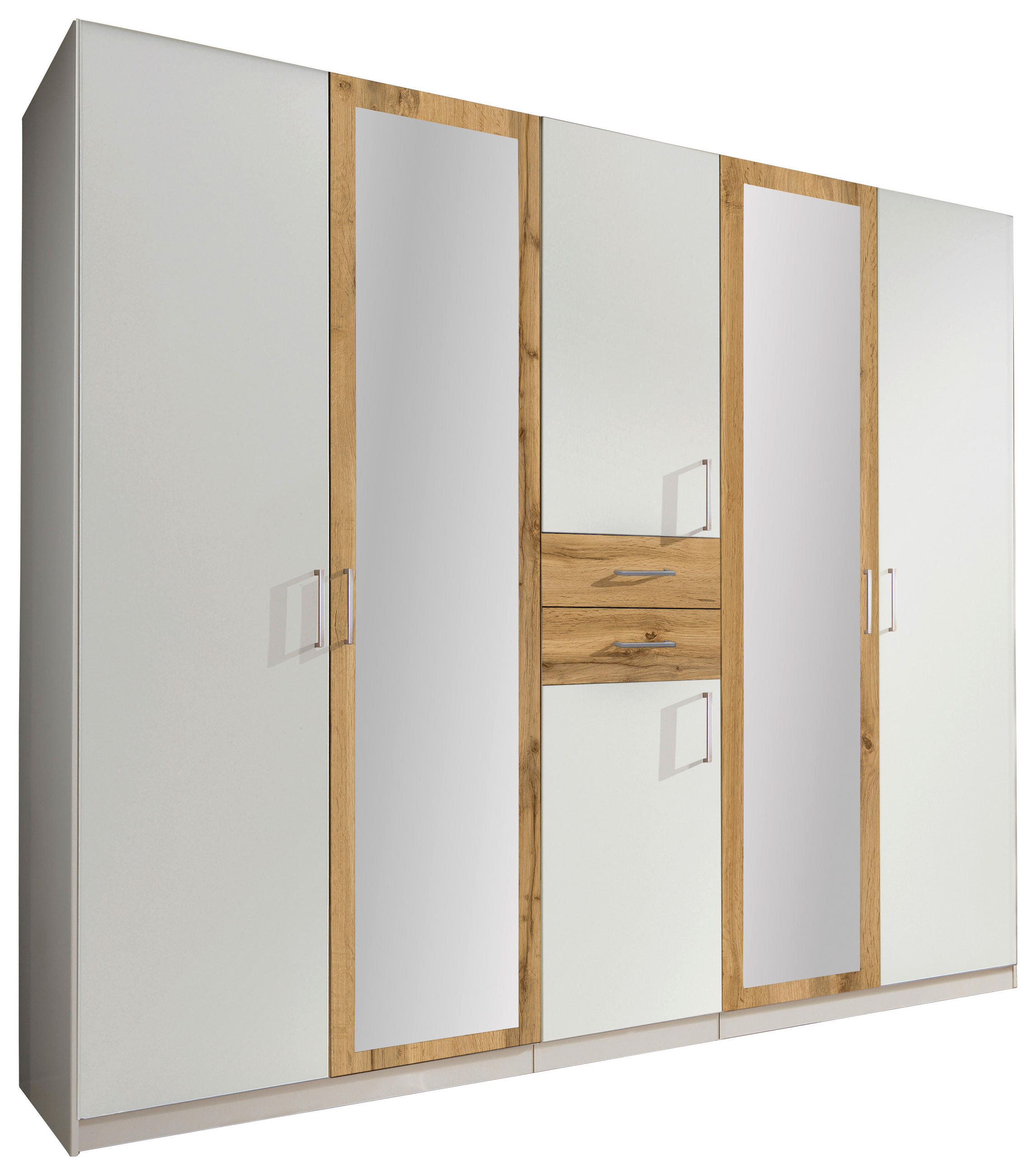 KLEIDERSCHRANK 225/208/58 cm,  in Weiß, Eichefarben, 6-türig  - Eichefarben/Alufarben, MODERN, Holz/Holzwerkstoff (225/208/58cm) - P & B