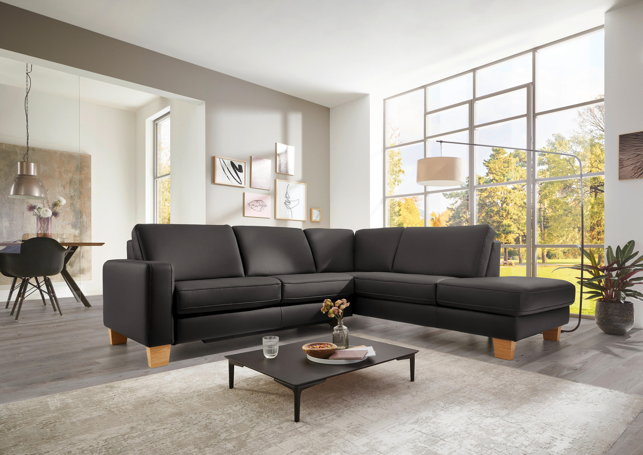 ECKSOFA in Echtleder Dunkelgrau  - Eiche Bianco/Dunkelgrau, Konventionell, Leder/Holz (257/235cm) - Valdera