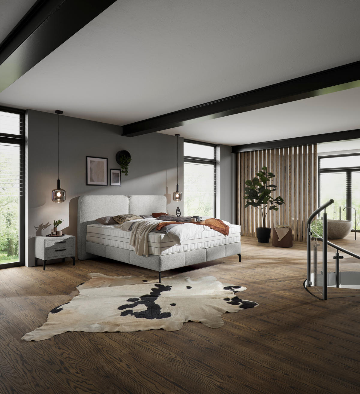 BOXSPRINGBETT 180/200 cm,  in Hellgrau, H2 + H3 = mittel + fest  - Hellgrau/Schwarz, KONVENTIONELL, Textil/Metall (180/200cm) - Voleo