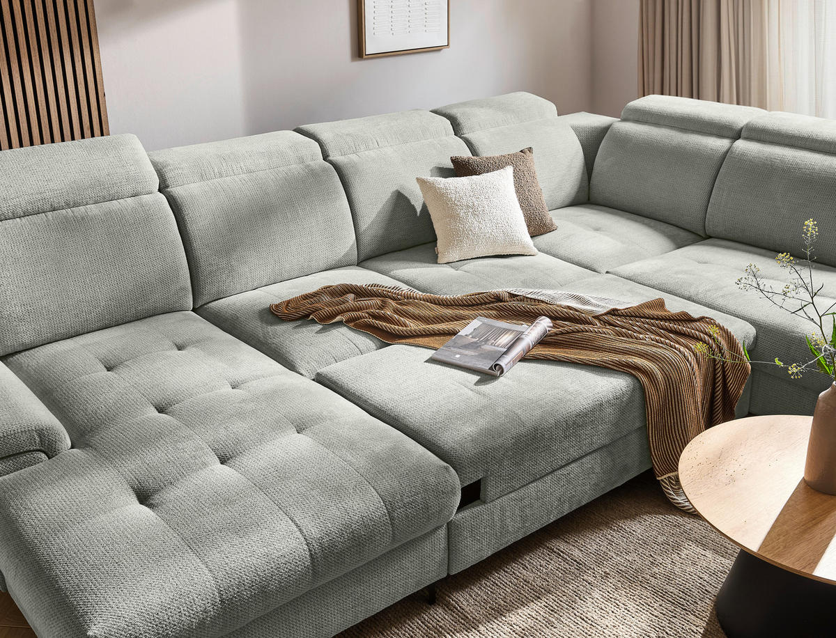 WOHNLANDSCHAFT Grau, Hellgrau Struktur  - Hellgrau/Schwarz, Design, Textil/Metall (190/364/270cm) - Stylife