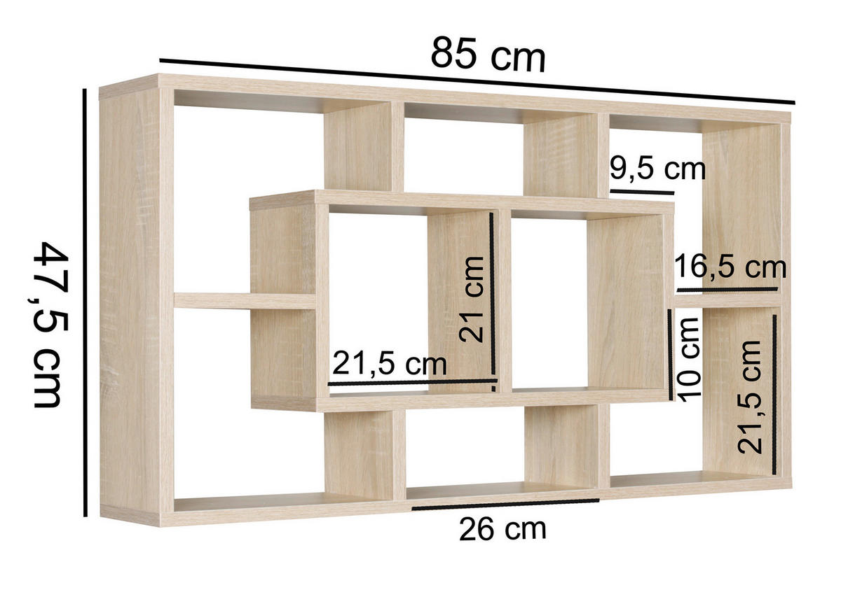 STENSKI REGAL 85/47,5/16 cm barve hrasta  - barve hrasta, Konvencionalno, leseni material (85/47,5/16cm) - MID.YOU