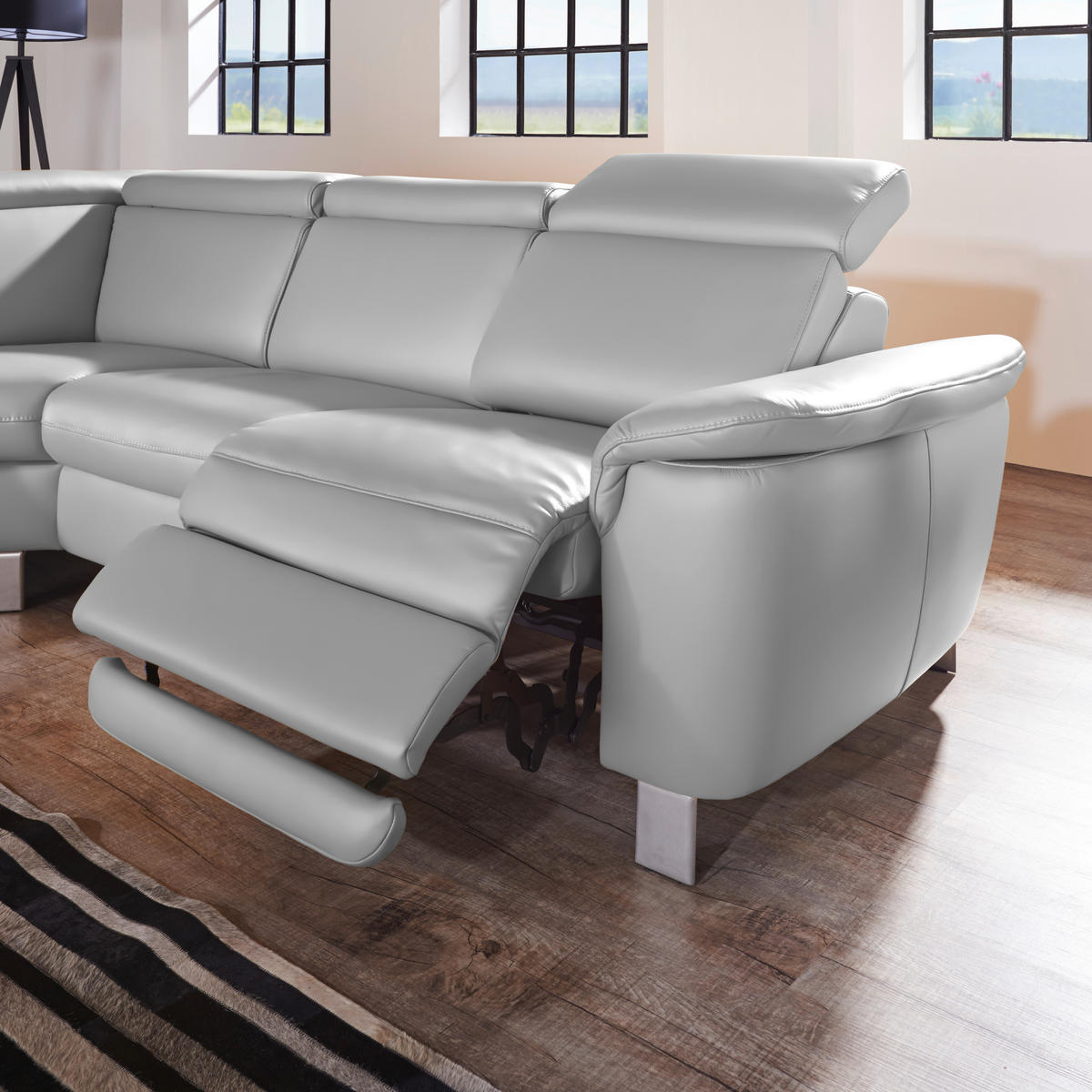 ECKSOFA in Echtleder Grau  - Alufarben/Grau, Design, Leder/Metall (239/271cm) - Cantus