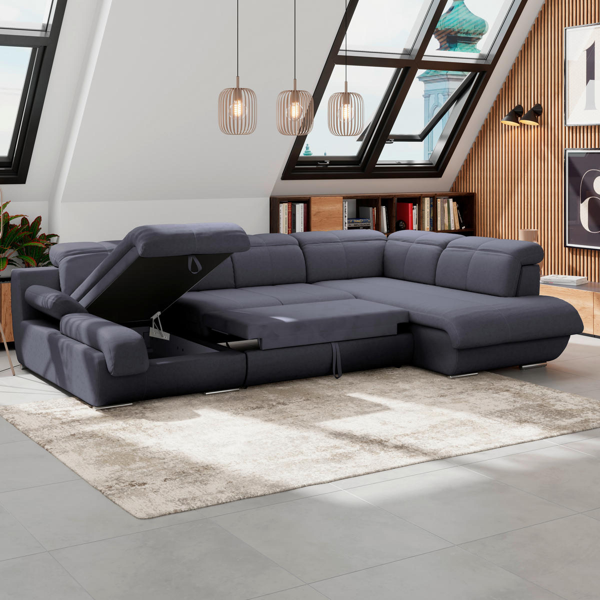 WOHNLANDSCHAFT Dunkelblau Mikrofaser  - Chromfarben/Dunkelgrau, MODERN, Textil/Metall (184/345/228cm) - MID.YOU