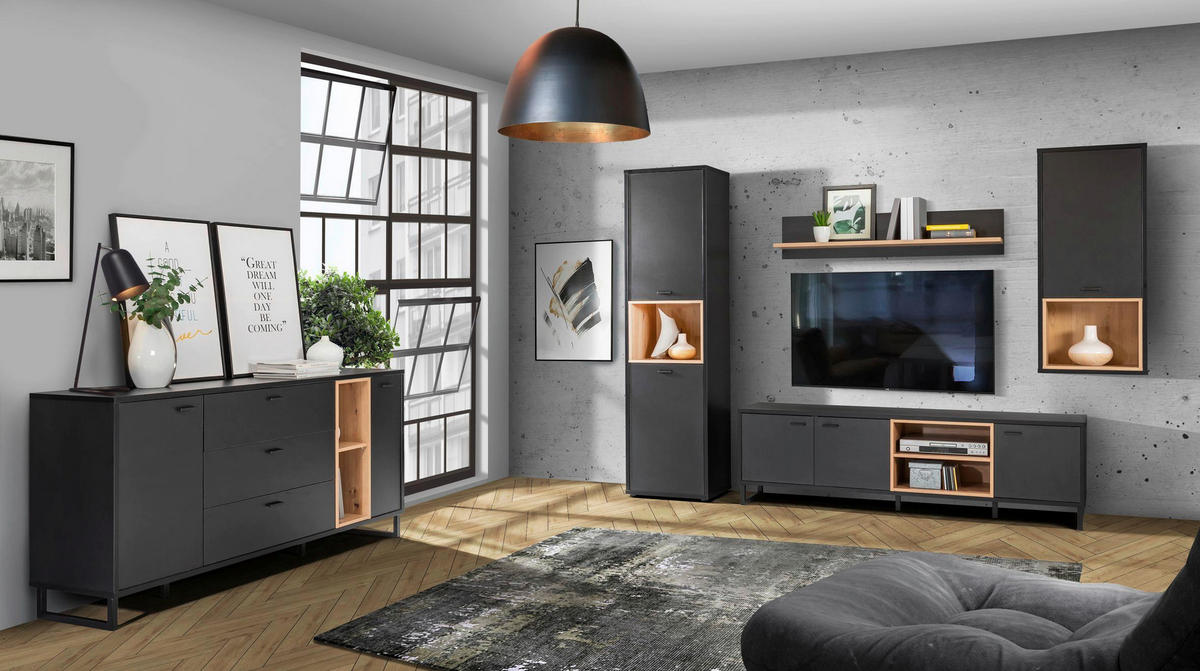 REGAL ZA DNEVNI BORAVAK crna, hrast artisan   - crna/hrast artisan, Moderno, metal/pločasti materijal (254,6/195,1/41,5cm) - Hom`in