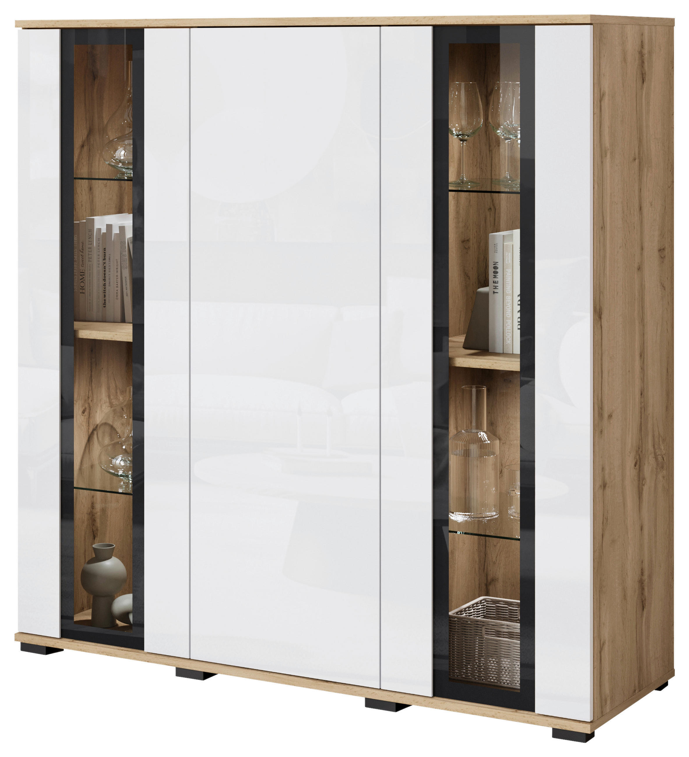 HIGHBOARD Caro  in 120/121,9/39,5 cm  - Weiß Hochglanz/Eiche Wotan, Design, Glas/Holzwerkstoff (120/121,9/39,5cm) - P & B