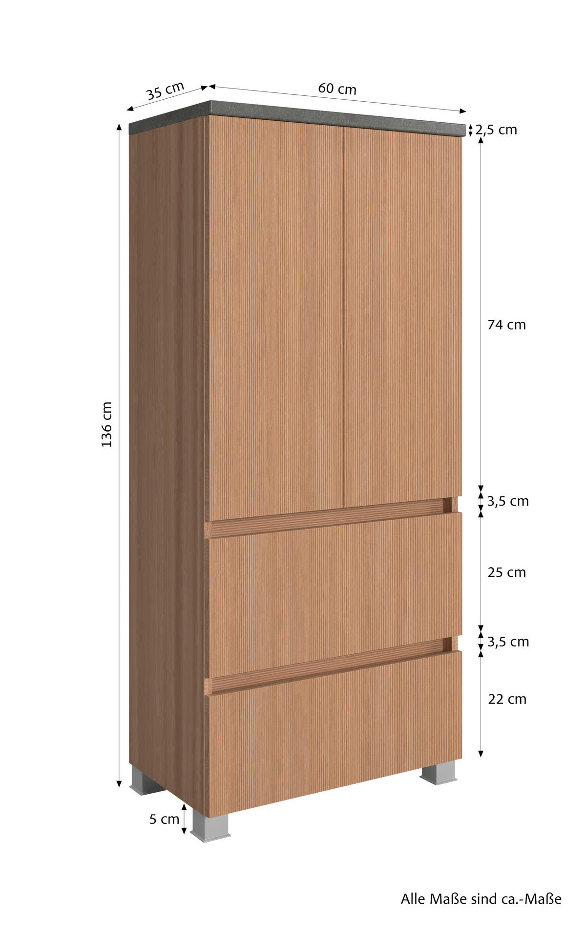 MIDISCHRANK 60/131/35 cm  - Eichefarben/Silberfarben, KONVENTIONELL, Holzwerkstoff/Kunststoff (60/131/35cm) - Xora